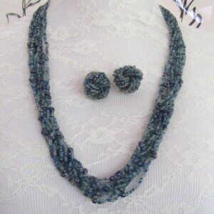 Blue & gray beaded vintage necklace & clip on earrings Mid Century beauty!